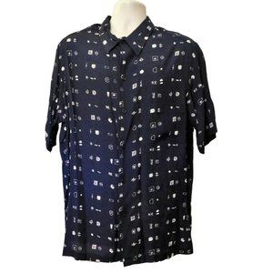 MTO Hawaiian Shirt XL Navy Blue White Print Tropical Short Sleeve